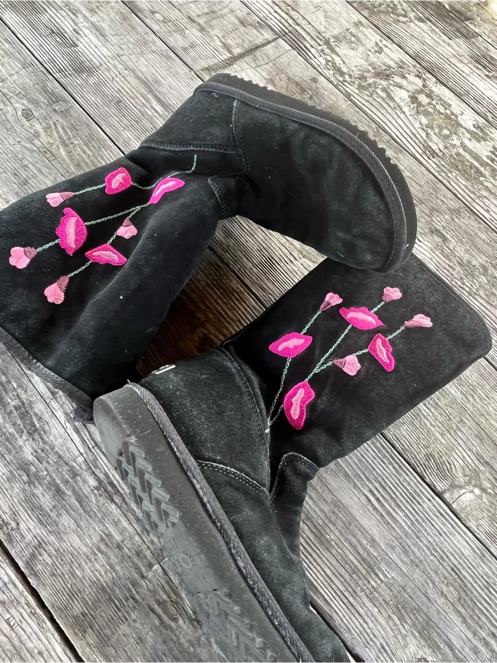 Uggs Black Suede Mid-Calf Boots with Pink Floral Embroidery Sz 6
